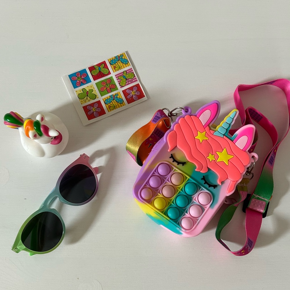 Rainbow Unicorn Pop It Fidget Toy with Sunglasses Toddler Travel Activity Set